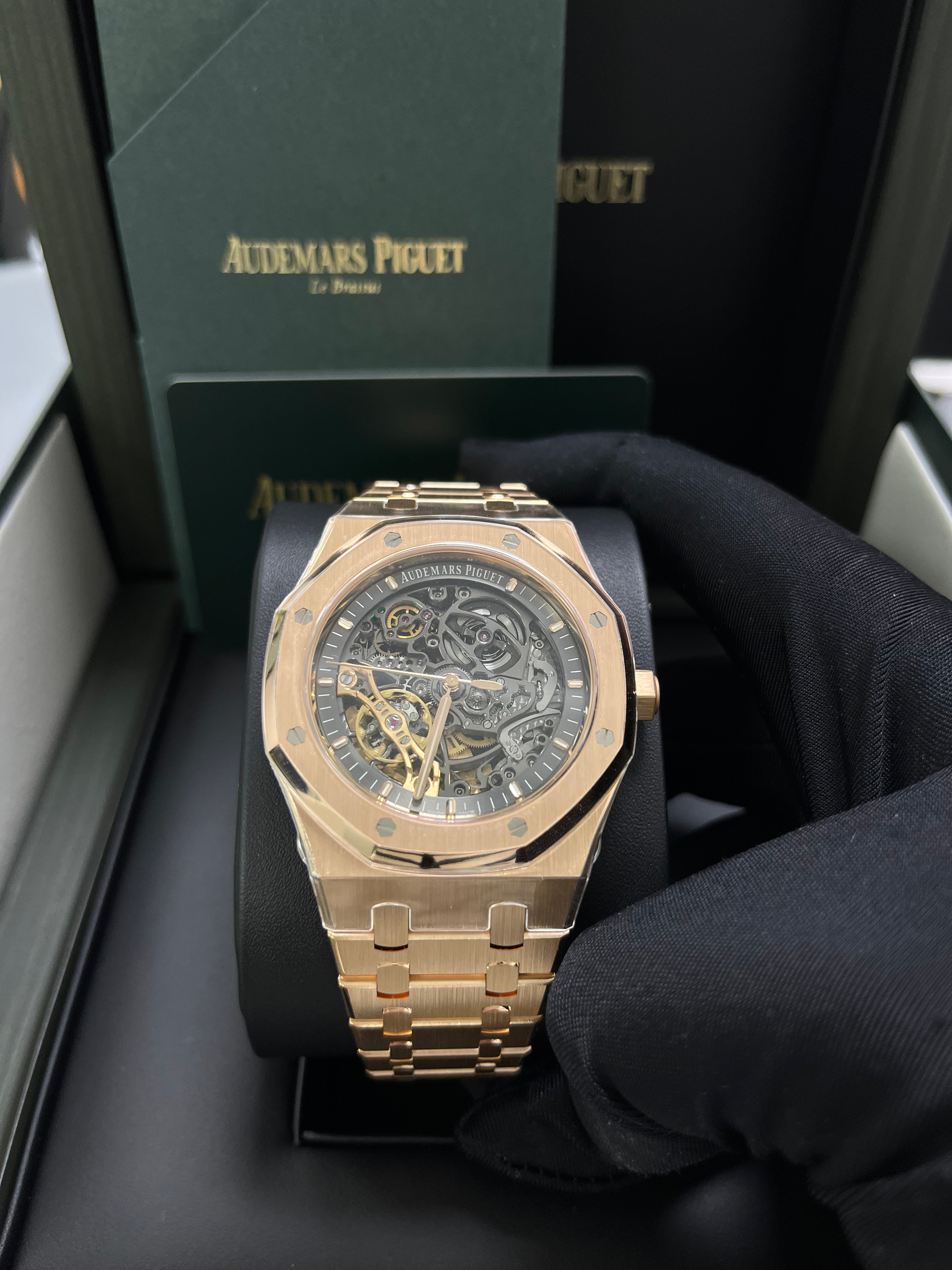 Audemars Piguet Royal Oak 41mm Rose Gold Skeleton Watch with Double Balance Wheel - Ref 15407OR.OO.1220OR.01 - Luxury Openwork Timepiece for Men, Perfect for Business Meetings & Formal Events