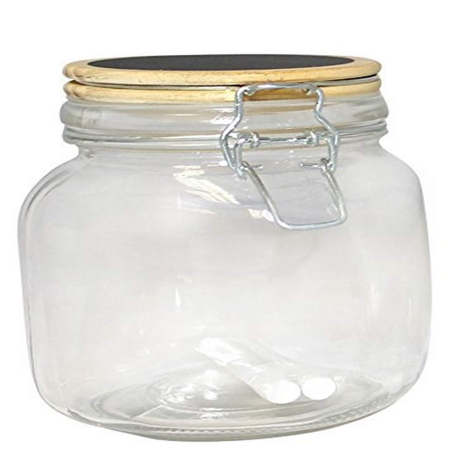 Premium Square Glass Storage Container with Wood & Chalkboard Lid - 1 Liter Clear Airtight Jar for Kitchen Pantry Organization, Spice Storage & Meal Prep