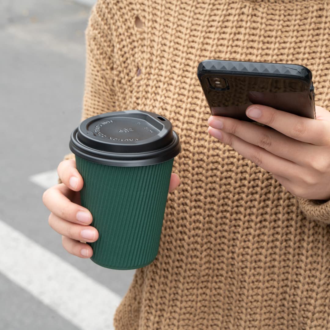 12oz Disposable Paper Coffee Cups - 25 Pack Leakproof Ripple Wall Hot Cups, Eco-Friendly Recyclable Forest Green Paper Cups for Coffee, Tea & Hot Beverages | Perfect for Restaurants, Cafes, Offices & Takeout