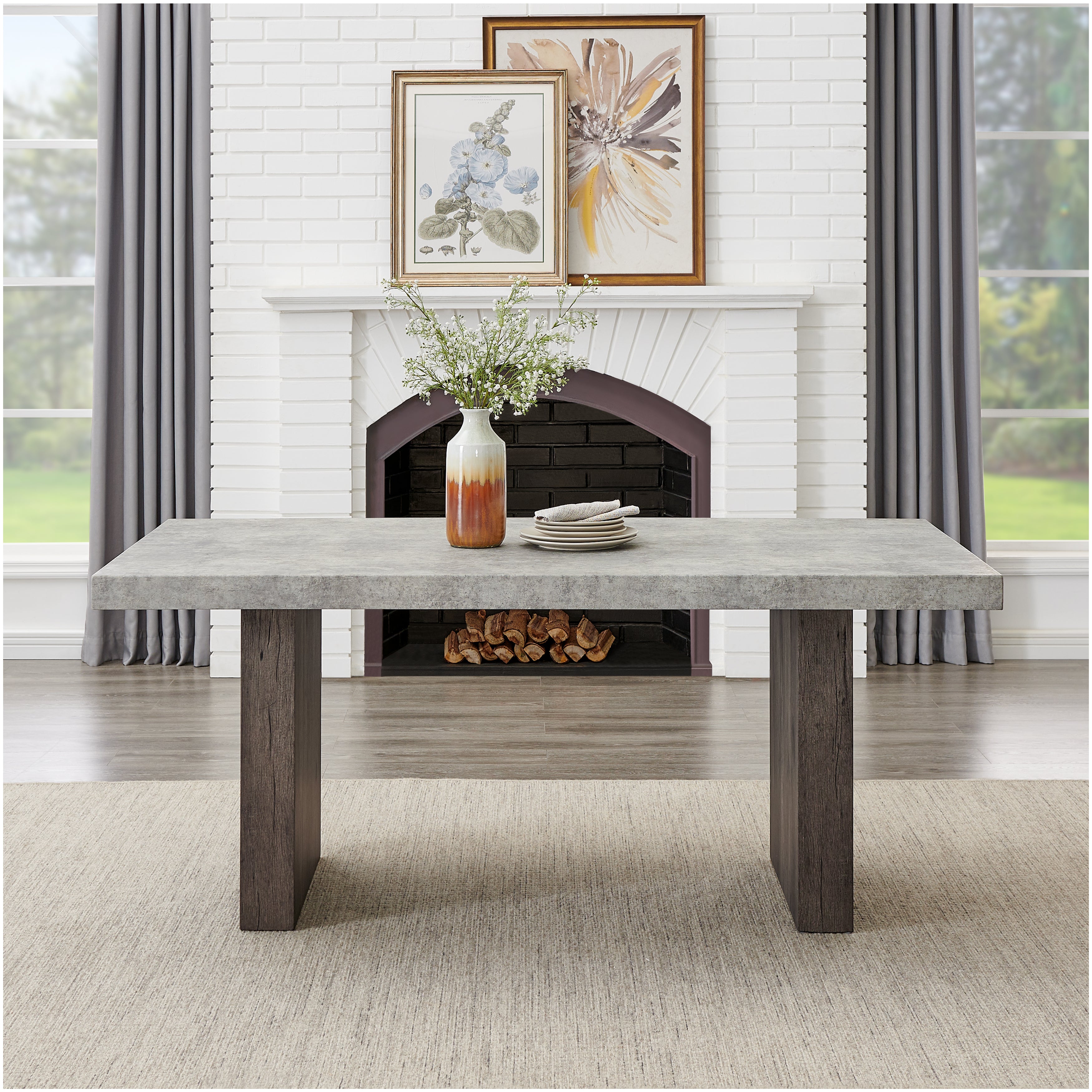 Roundhill Furniture Sorlen Modern 7-Piece Dining Set - 3D Faux Concrete Table with 6 Upholstered Chairs for Kitchen, Dining Room & Outdoor Patio