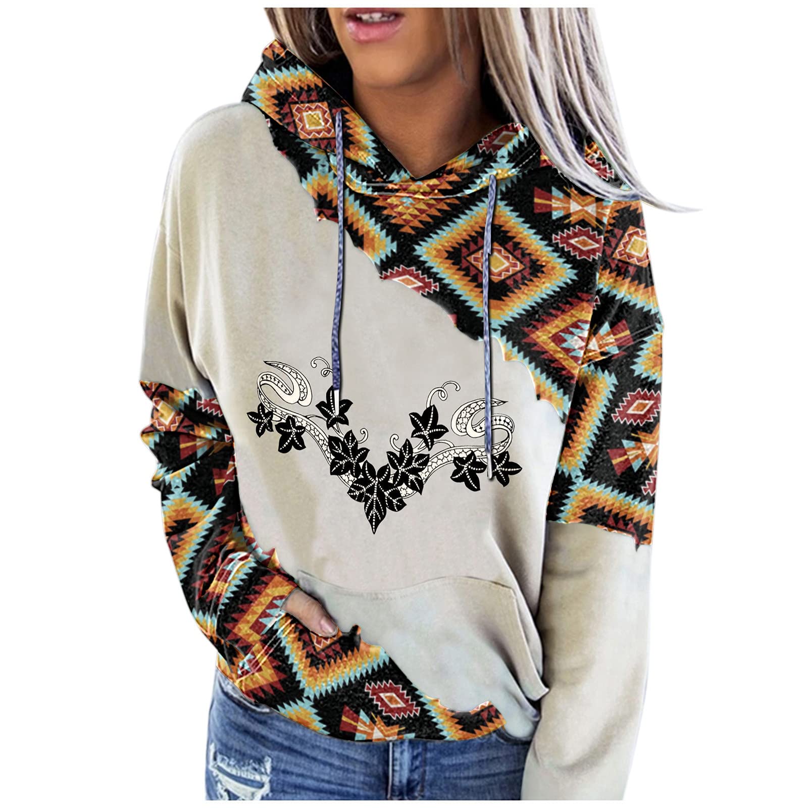 Vintage Ethnic Print Women's Zip-Up Hoodie with Drawstring & Pockets - Cozy Long-Sleeve Pullover Sweater for Casual Outings, Streetwear Fashion & Fall Layering