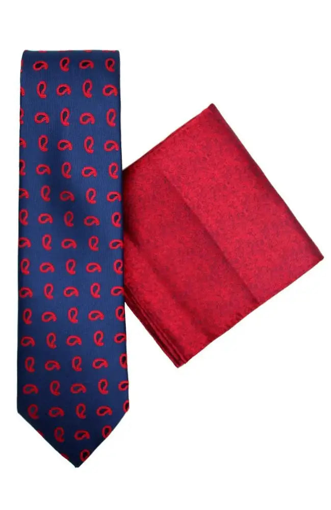 L.A. Smith Blue and Red Paisley Tie and Pocket Square Set | Classic Silk Necktie & Handkerchief Combo for Men | Perfect for Weddings, Business Meetings & Formal Events