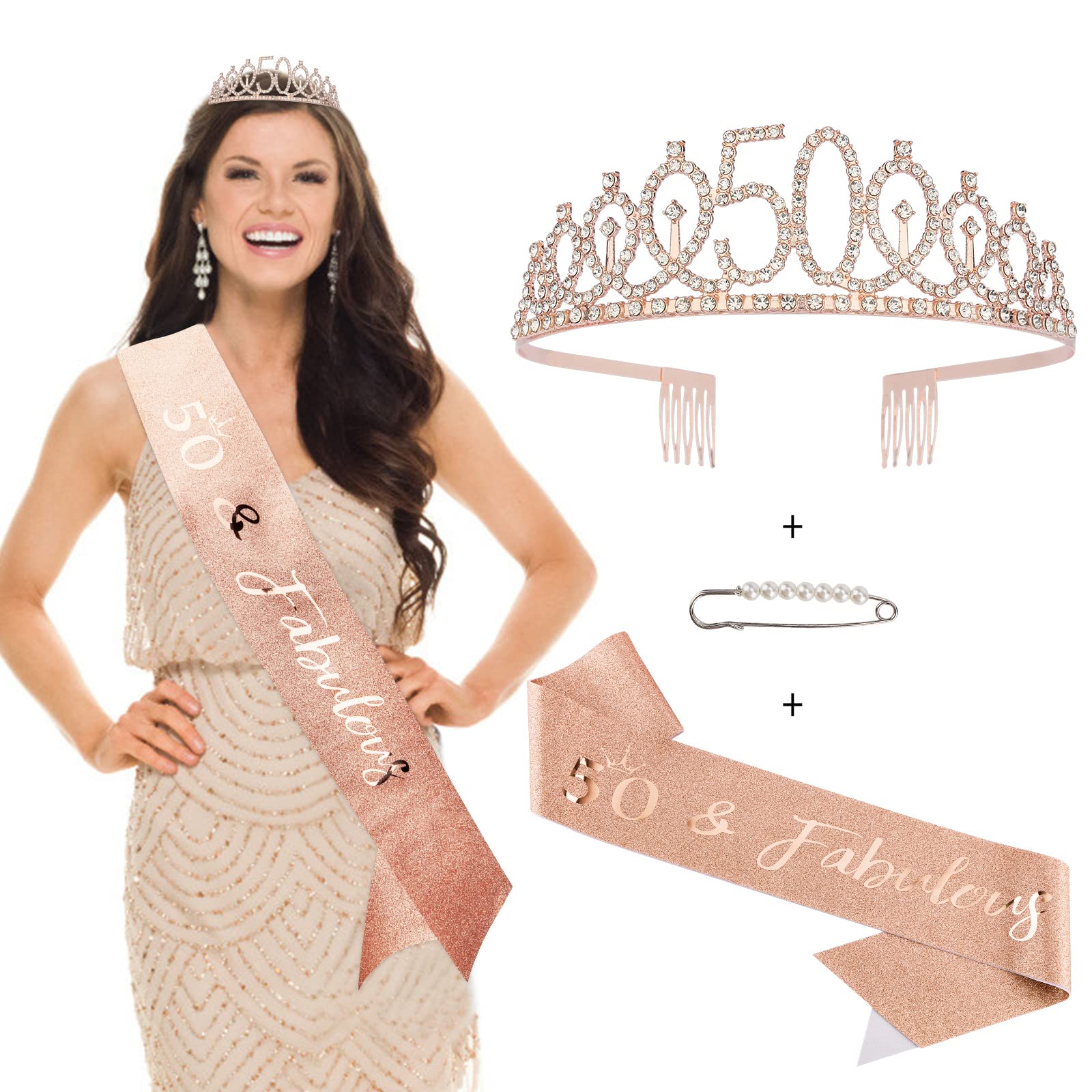 50th Birthday Tiara & Sash Set - Rose Gold Women's 50th Birthday Party Crown & Decorations | Perfect 50th Birthday Gift for Women | Great for Milestone Birthday Celebrations, Photo Shoots & Special Occasions