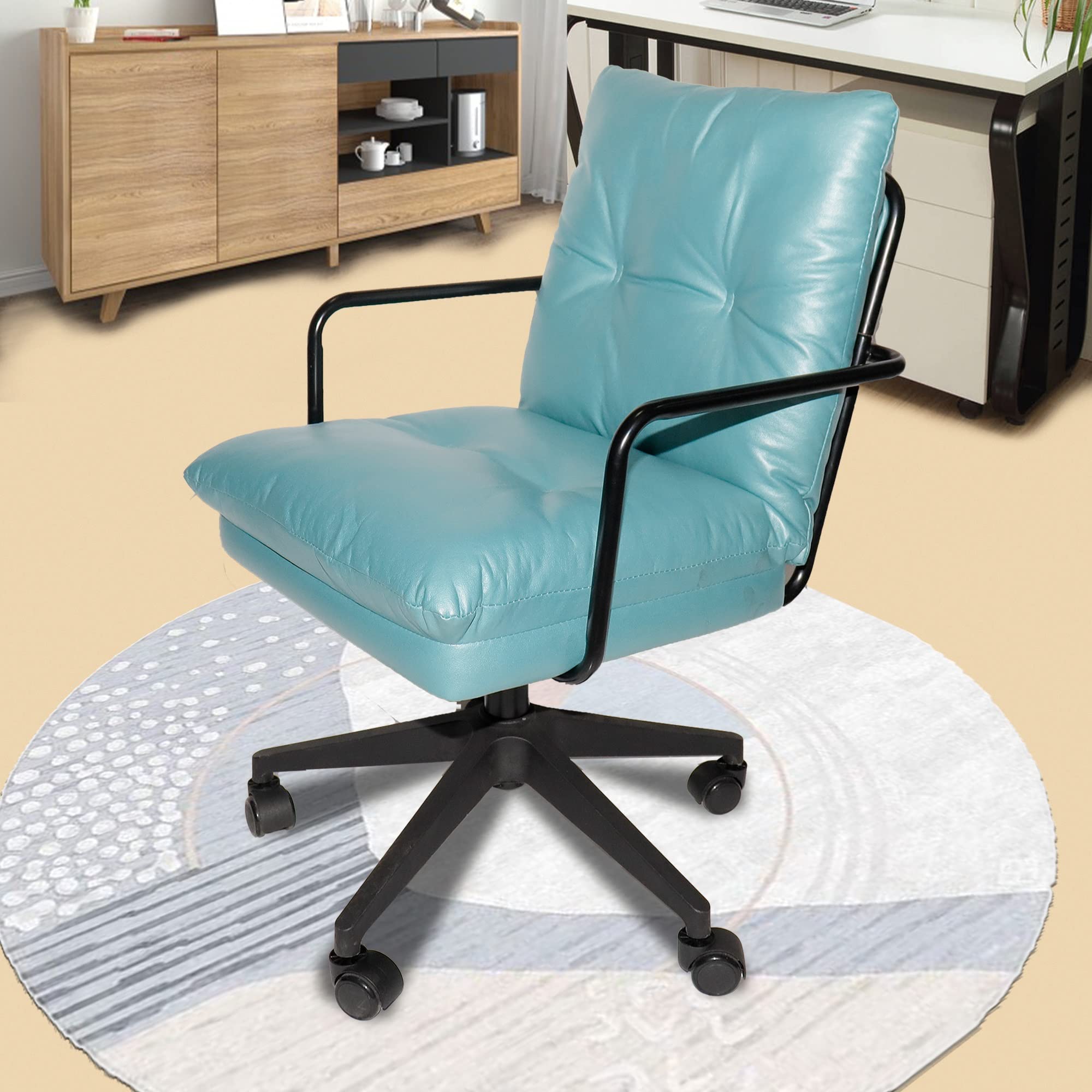 Ergonomic Office Chair - 360-Degree Swivel Upholstered Desk Chair with Rollers, High Elastic Sponge & PU Leather Fabric - Comfortable for Home Office, Living Room or Bedroom (Light Blue) - Easy Assembly for Workspace & Study Use