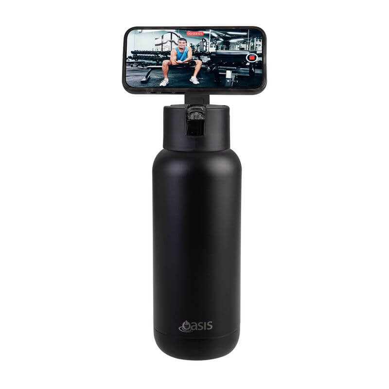 Premium Ceramic Mag Grip Insulated Water Bottle 1L (34oz) - Leakproof & Temperature Control - Black - Perfect for Gym, Hiking, Office & Outdoor Activities