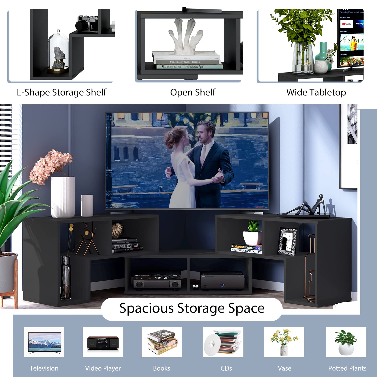 Tangkula 3-Piece Modular TV Stand for 50-65 Inch TVs - Modern Entertainment Center with Open Storage Shelves, DIY Media Console for Living Room, Bedroom & Home Theater (Black)