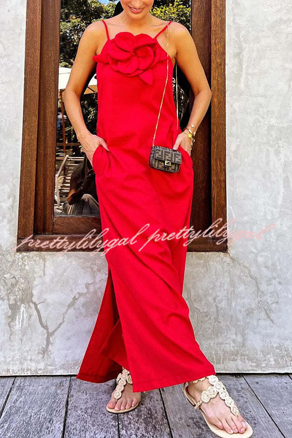 Vacay Ready Linen Blend Floral Embellished Pocket Maxi Dress with Side Slit - Perfect for Beach Vacations, Summer Weddings & Boho Chic Outfits
