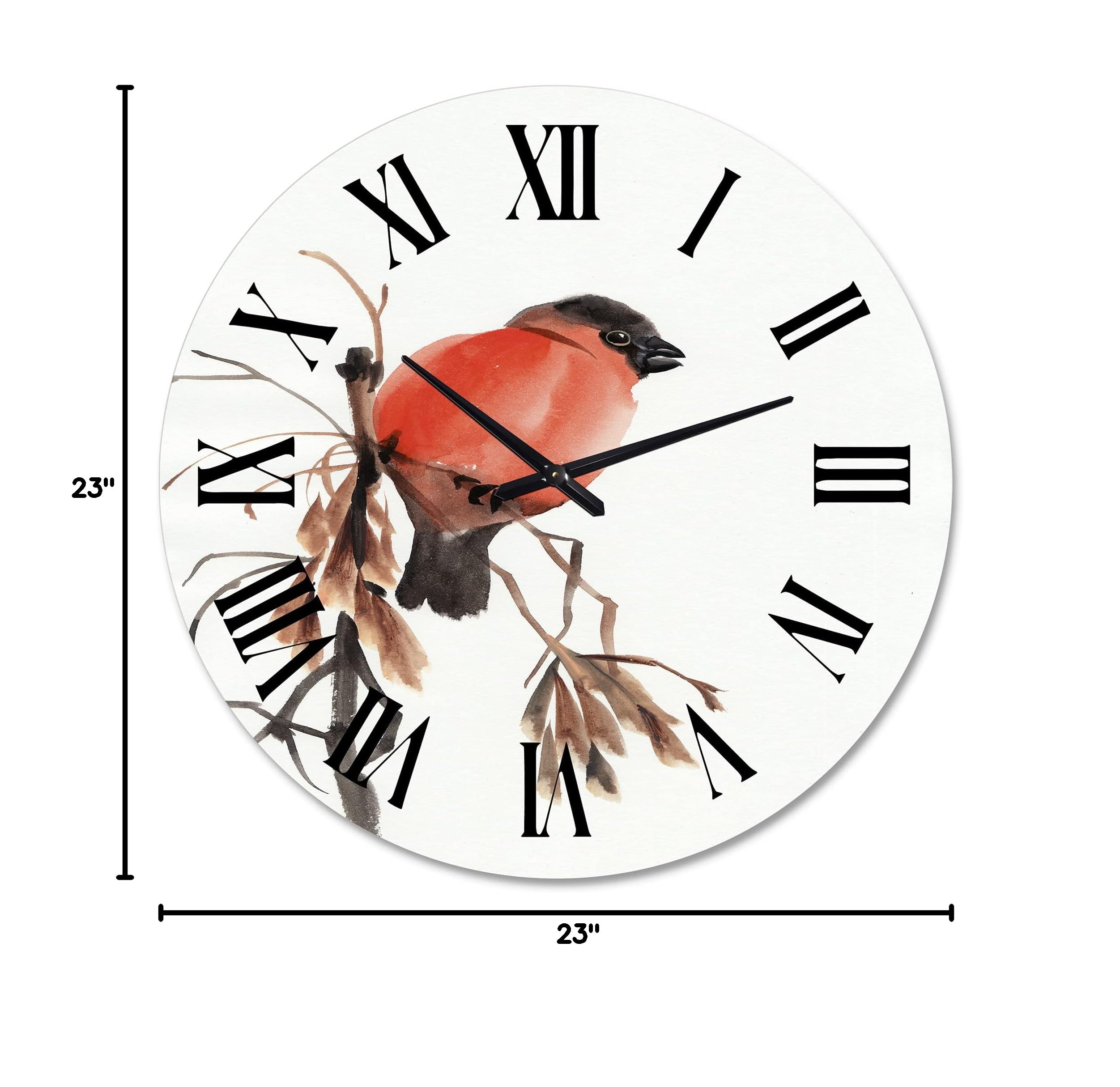 DesignQ Traditional Wall Clock 'Red Bullfinch Bird On A Branch' - Large Decorative Kitchen Wall Clock with Animal Theme - Perfect for Home, Office, and Farmhouse Decor
