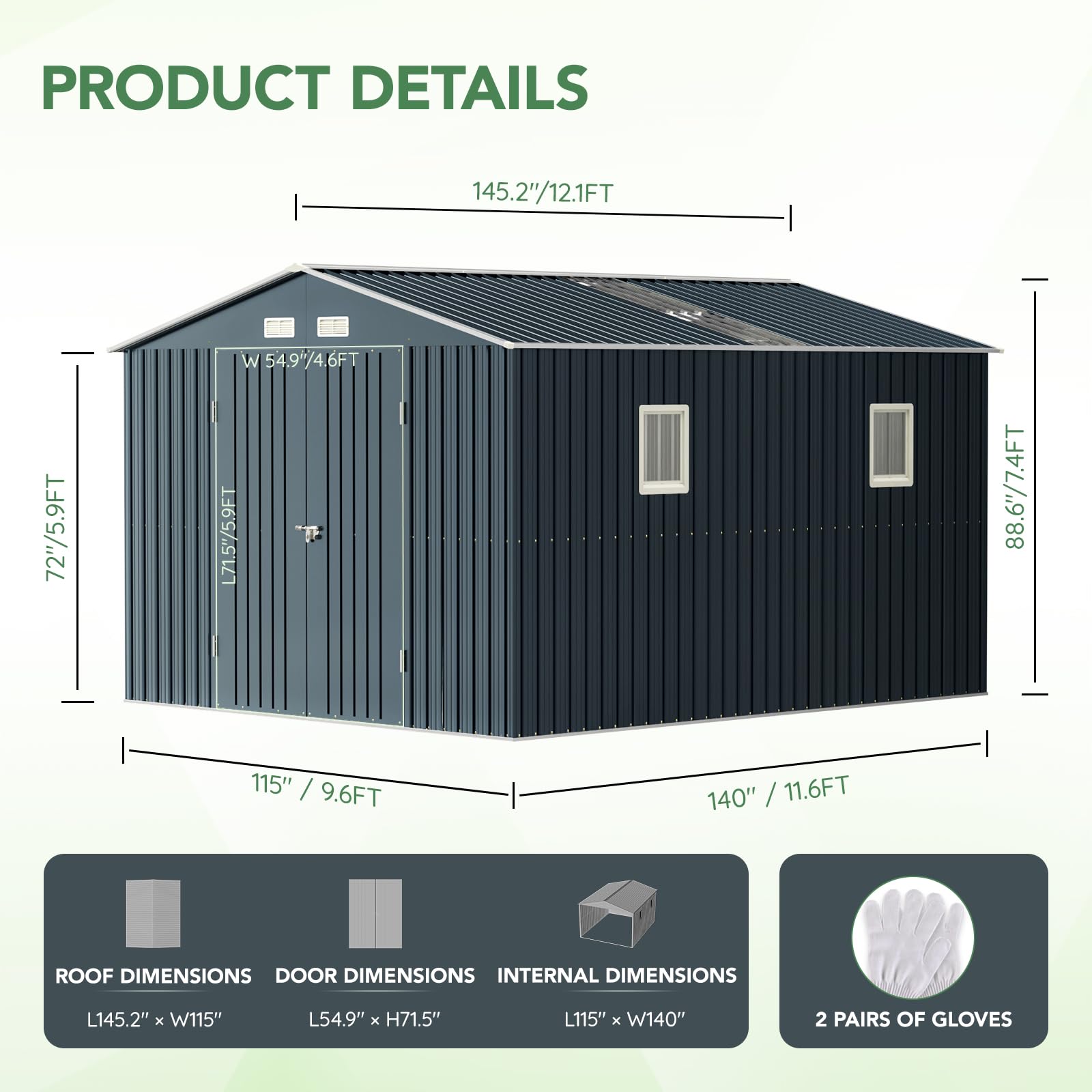 10x12x7.5 FT Outdoor Steel Storage Shed with Lockable Doors & 2 Windows - Durable Transparent Roof Panels for Garden, Patio, Backyard - Perfect for Storing Tools, Garbage Cans, Chicken Coops & Outdoor Equipment