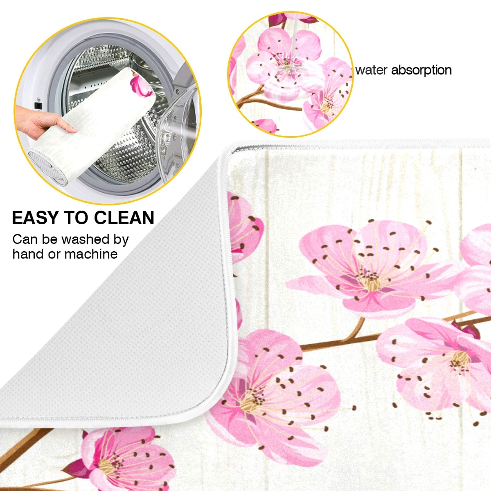 Absorbent Microfiber Dish Drying Mat - 18x16 Inch Reversible Kitchen Counter Pad with Cute Pink Floral Design | Non-Slip Bottle & Dish Drainer for Countertops, Sinks & Drying Racks | Perfect for Kitchens, RVs & Small Spaces