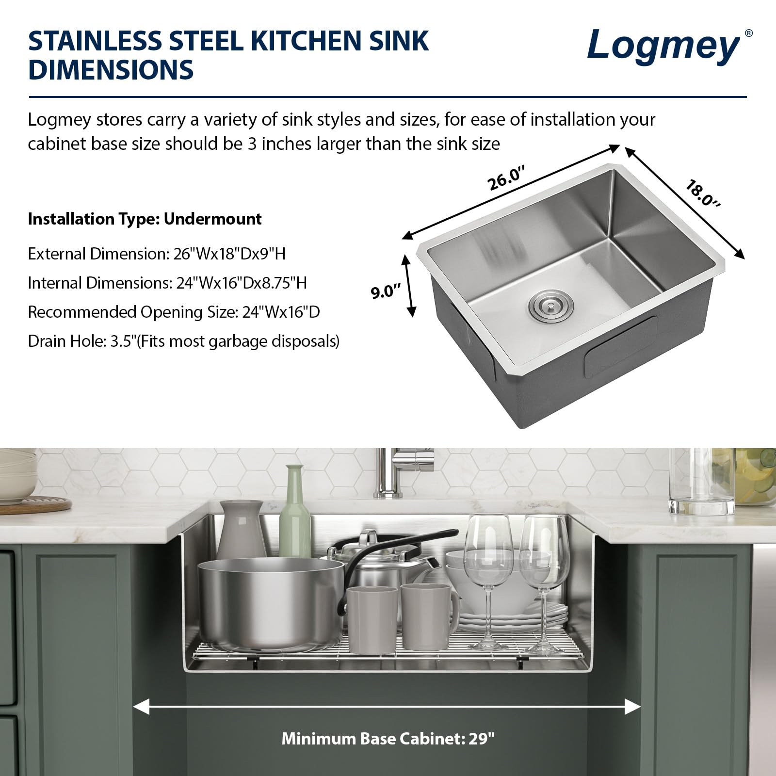 Logmey 26 Inch Undermount Kitchen Sink - 16 Gauge Stainless Steel Single Bowl Sink (26x18x9 Inches) | Handmade for Modern Kitchens | Perfect for Food Prep, Dishwashing & Entertaining