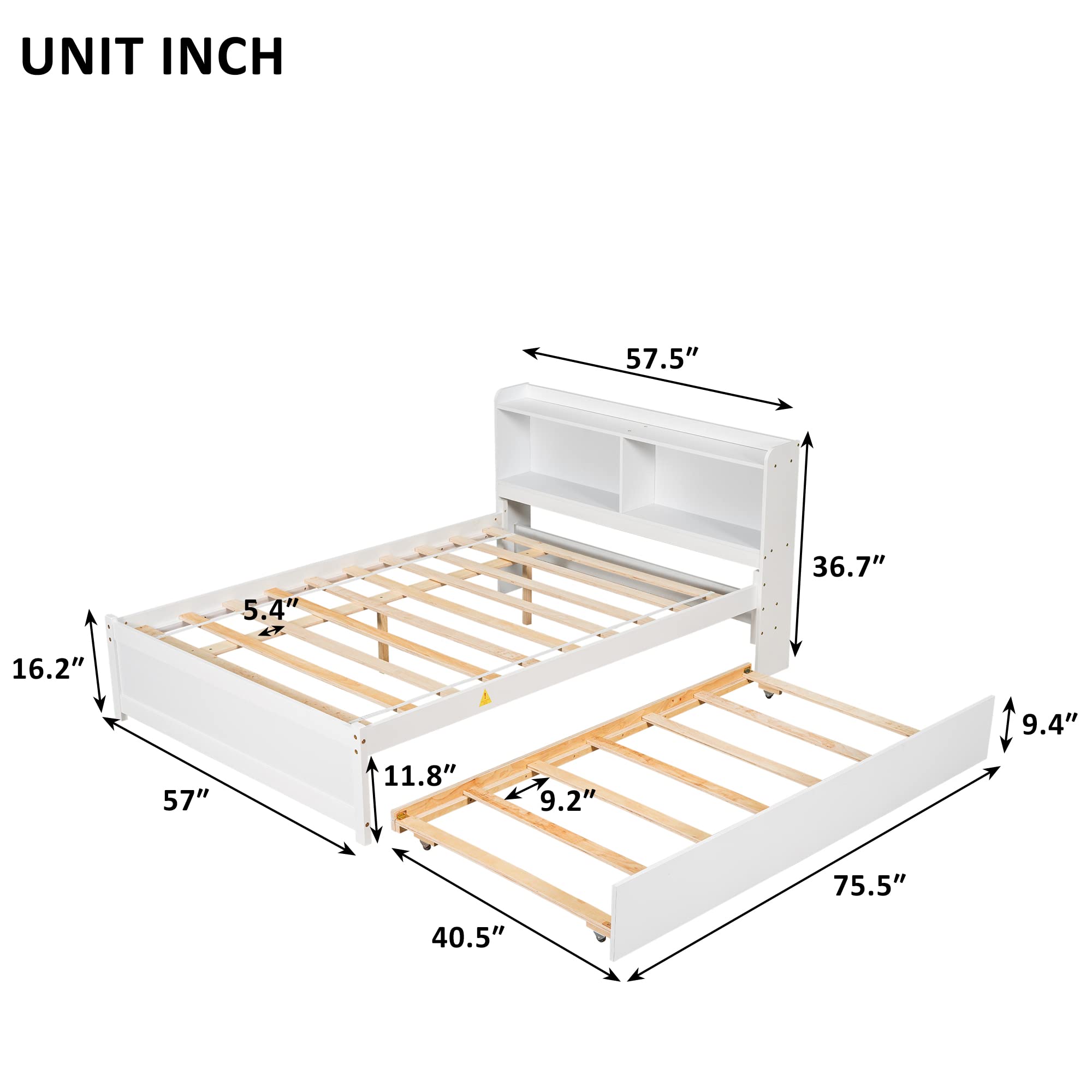 Full Size Captain's Bed Frame with Trundle & Bookcase Headboard - Storage Bed for Kids, Teens & Adults - White | Space-Saving Bedroom Solution for Small Rooms & Guest Rooms
