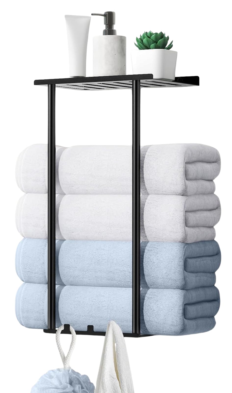 Sturdy Metal Wall Mounted Towel Rack for Bathroom - Rustproof Towel Holder with Hooks for Large & Rolled Towels | Space-Saving Bathroom Storage Solution (Black) - Perfect for Small Bathrooms, Spa-Like Showers & Organized Powder Rooms