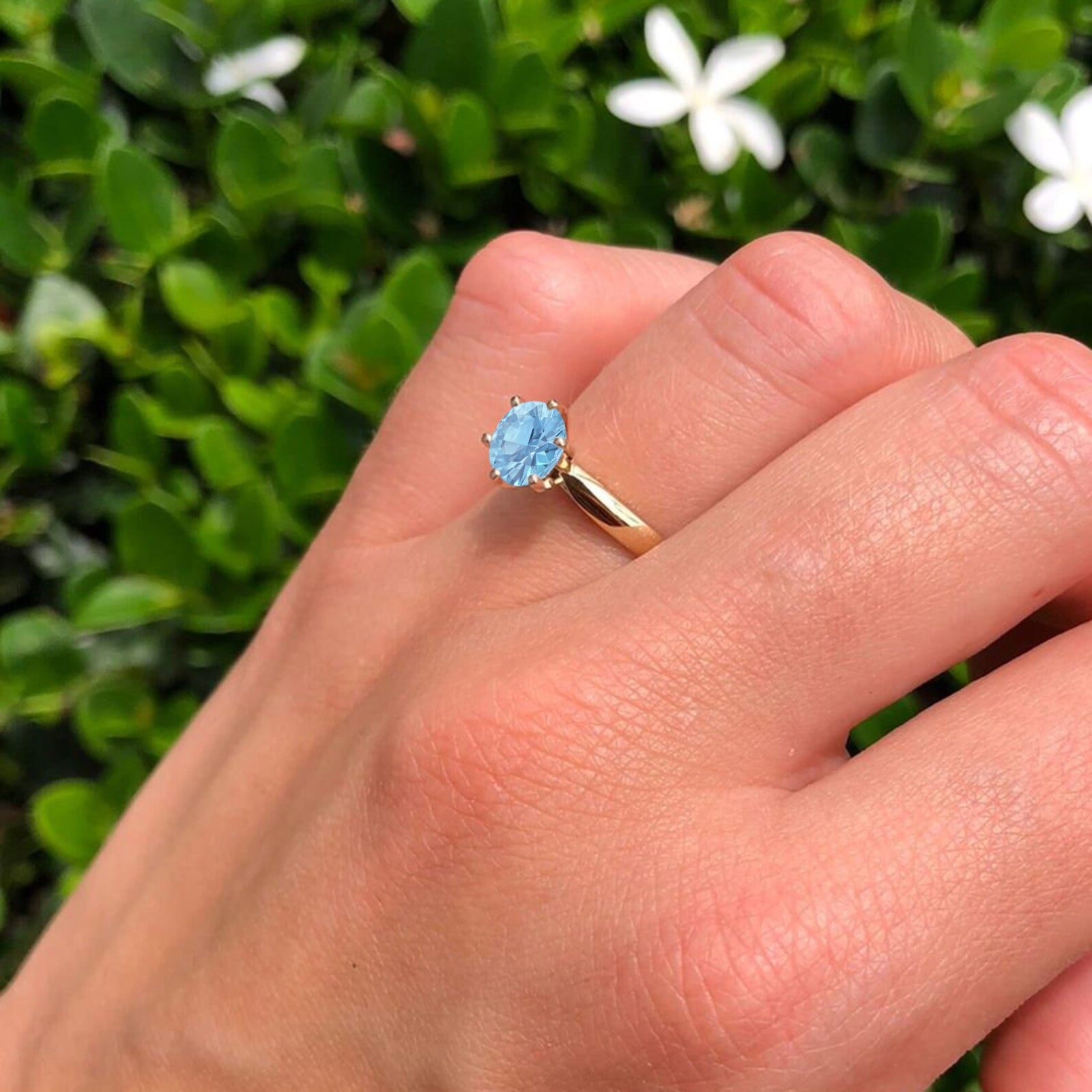 14K Yellow Gold Round Solitaire Aquamarine CZ Art Deco Ring - Vintage Inspired Engagement Ring for Women, Wedding Band, Anniversary Gift, March Birthstone Jewelry