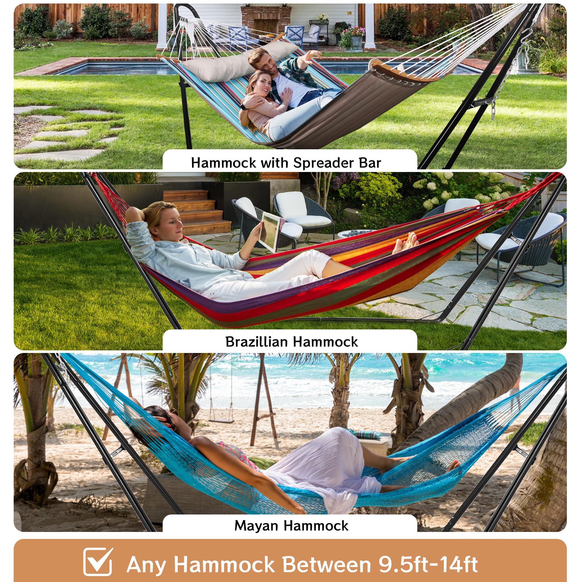 Heavy Duty Universal 2-Person Hammock Stand - 550 lb Capacity Steel Frame for 9-14 FT Outdoor Hammocks | Perfect for Backyard, Patio, Camping & Beach Relaxation