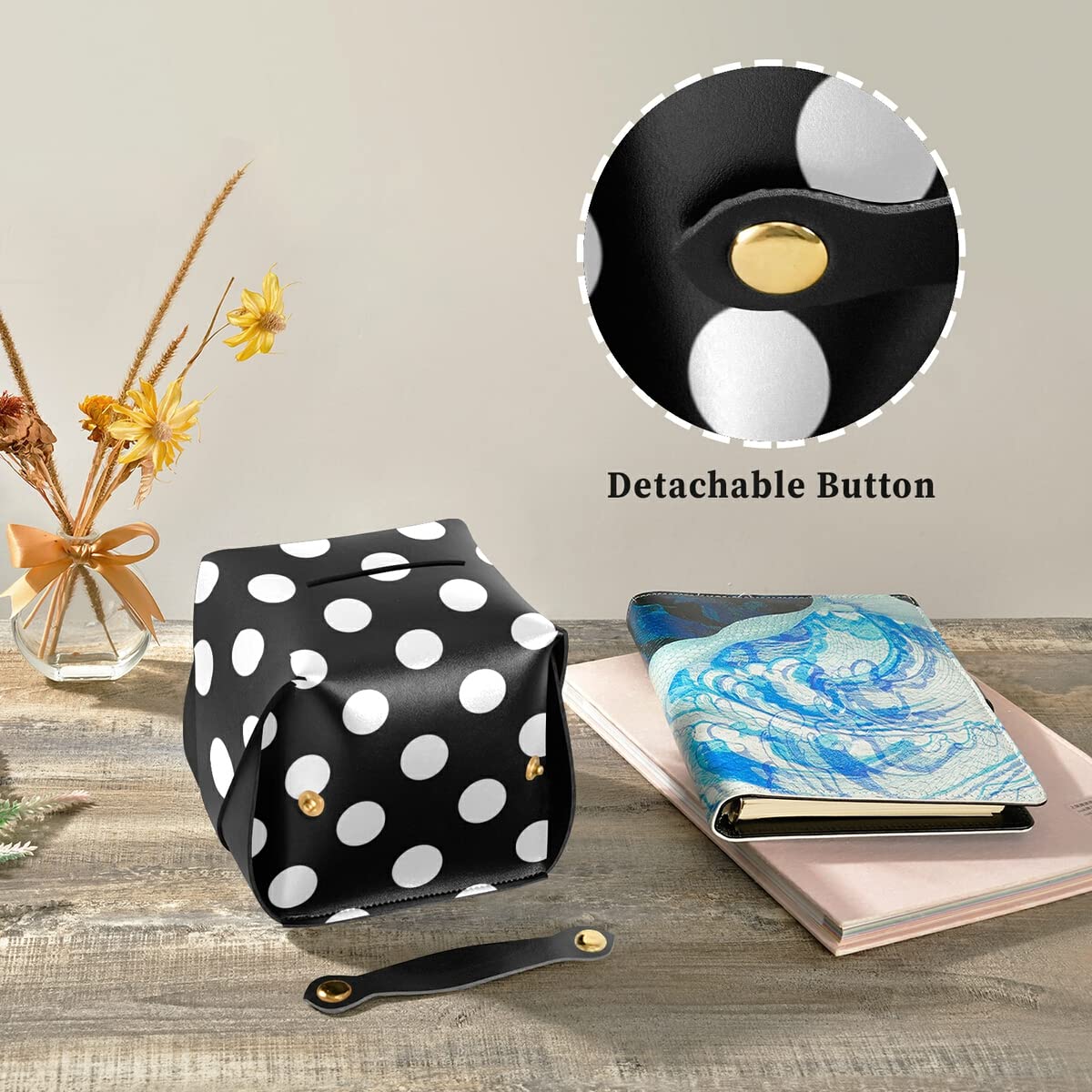 Square Tissue Box Cover Holder - Black & White Polka Dot Leather Tissue Dispenser Case - Decorative Organizer for Nightstand, Office Desk, Living Room & Bathroom