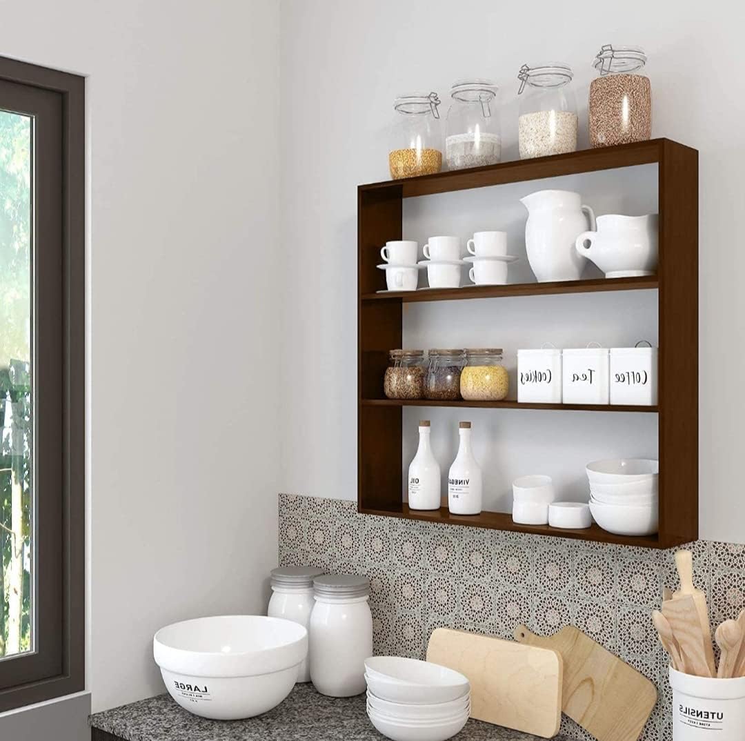 Premium Wooden Kitchen Rack Organizer - Rustic Brown Storage Shelf & Stand for Spices, Utensils & Cookbooks | Perfect for Pantry, Countertop & Small Space Organization