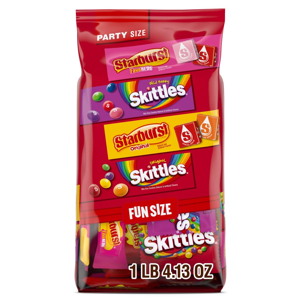 Wrigley's Assorted Candy Variety Pack - Skittles Original, Skittles Wild Berry, Starburst Original & FaveReds Fun Size - 20.13oz Bulk Individually Wrapped Candies - Perfect for Halloween, Parties, Office Snacks & Gift Baskets