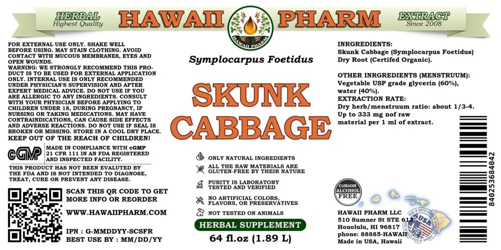 Alcohol-Free Skunk Cabbage Liquid Extract (Symplocarpus Foetidus) | Natural Herbal Root Glycerite Supplement | Hawaii Pharm USA | 64 fl.oz | Supports Respiratory Health & Wellness