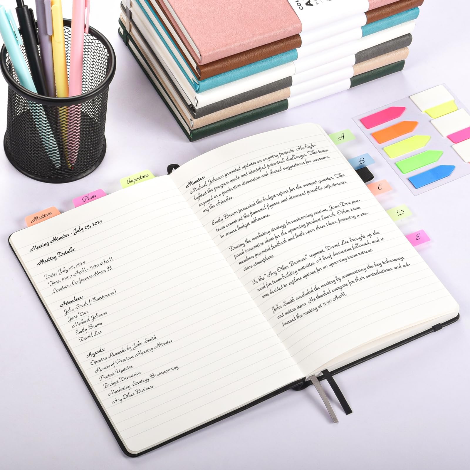 OMEYA 3-Pack A5 Lined Hardcover Notebooks with Pockets & Pen - 160 Pages College Ruled Journal for Work, School, Office - Premium 100GSM Thick Paper Leather Notebook for Women & Men (Pink) - Perfect for Business Meetings, Note Taking & Daily Planning