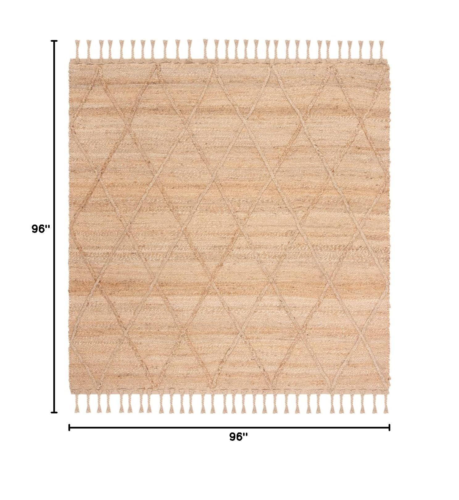SAFAVIEH Natural Fiber Collection 8'x8' Square Jute Rug NF107B - Farmhouse Rustic Moroccan Trellis Braided Tassel Design - Premium Handwoven Area Rug for Living Room, Dining Room, Bedroom - Perfect for Boho, Coastal & Farmhouse Decor Styles