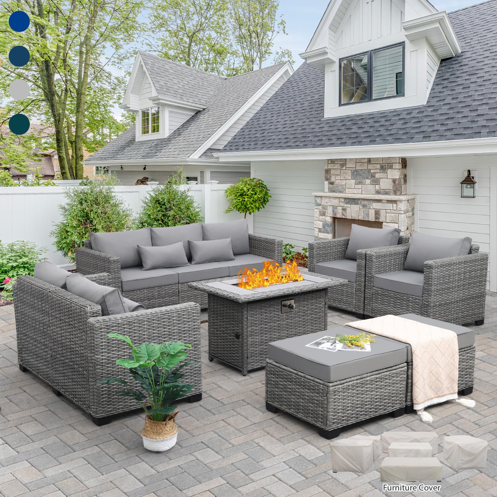 Rattan 7-Piece Outdoor Patio Furniture Set with 45-inch Fire Pit Table - 60000 BTU Propane Fire Pit, Waterproof Cushions & Covers, Light Grey - Perfect for Backyard, Garden, Poolside & Patio Relaxation