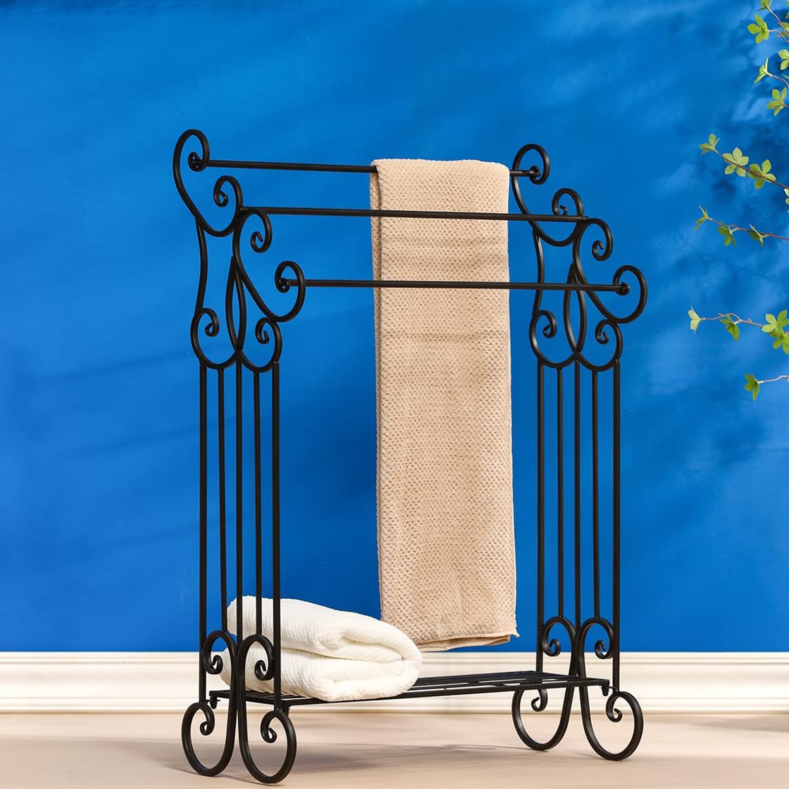 Free Standing Towel Rack 3-Tier with Storage Shelf - Space Saving Bathroom Organizer for Towels, Robes & Linens - Sturdy Metal Design for Bedroom, Laundry Room, Kitchen & Poolside Use - Matte Black Finish