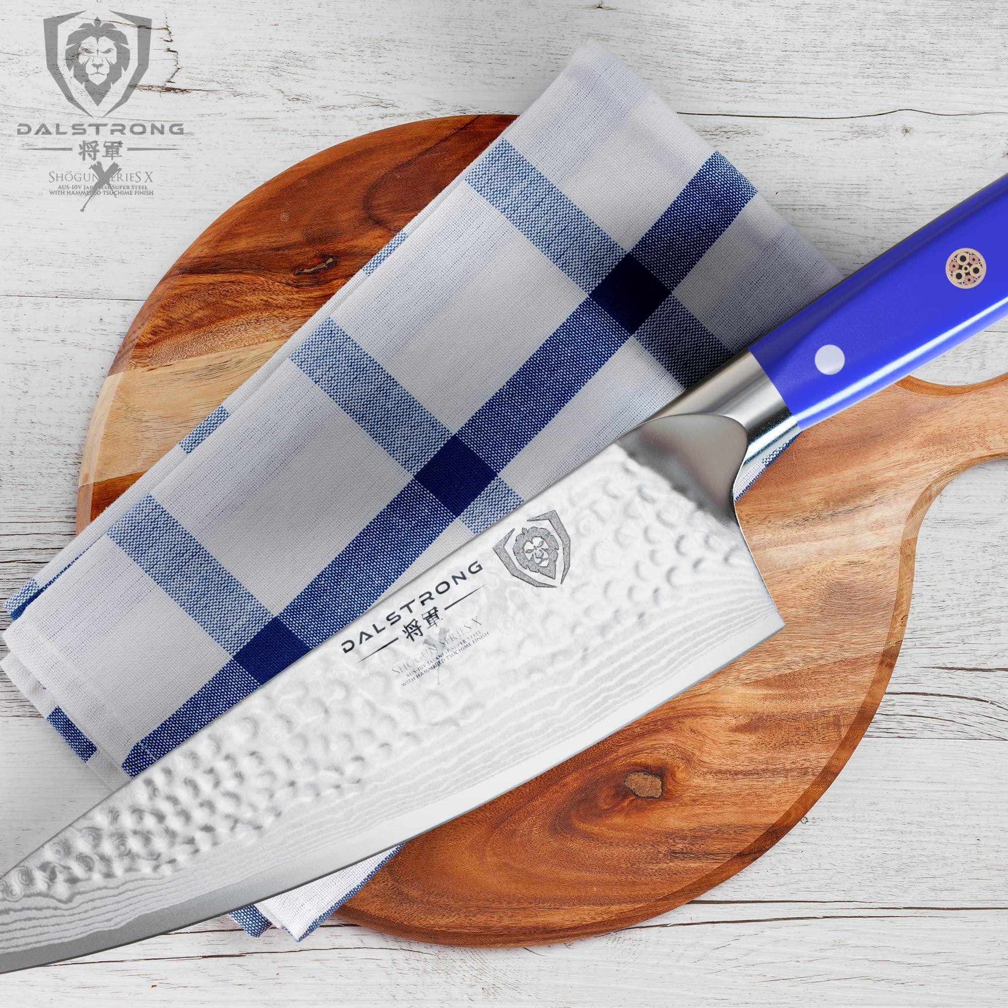DALSTRONG 8-Inch Shogun Series Chef Knife - Japanese AUS-10V Super Steel Kitchen Knife with Damascus Blade & Blue ABS Handle - Razor Sharp Professional Full Tang Knife with Sheath - Perfect for Sushi, Meat Cutting, Vegetable Chopping & Professional Cooking