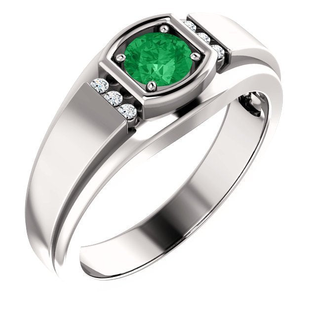 14K Gold Men's Emerald and Diamond Ring - 0.42ct Emerald & 0.09ct Diamond Wedding Band for Engagement, Anniversary, and Special Occasions