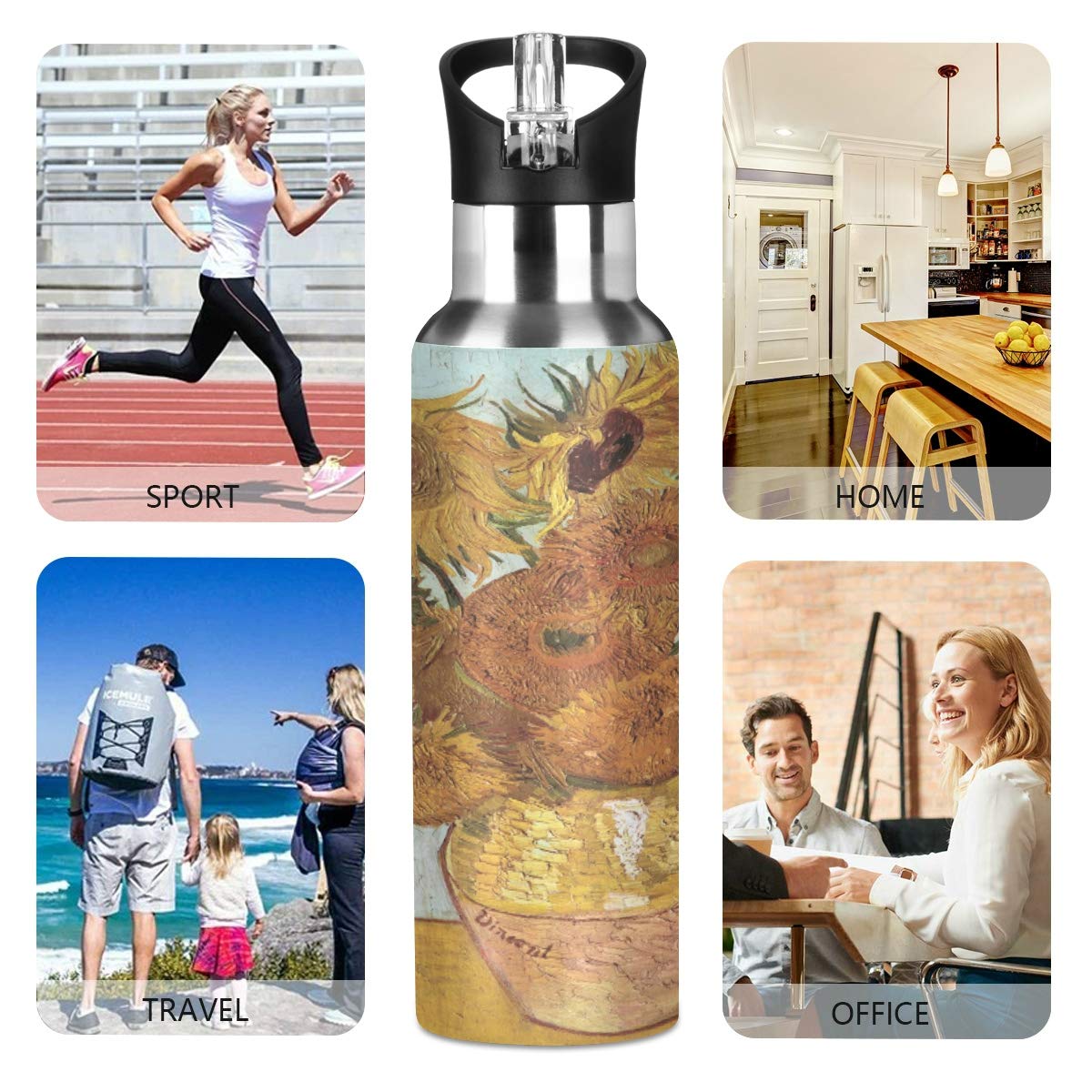 Van Gogh Sunflower Water Bottle - 22oz Stainless Steel, BPA Free & Leakproof for Gym, Travel, Work