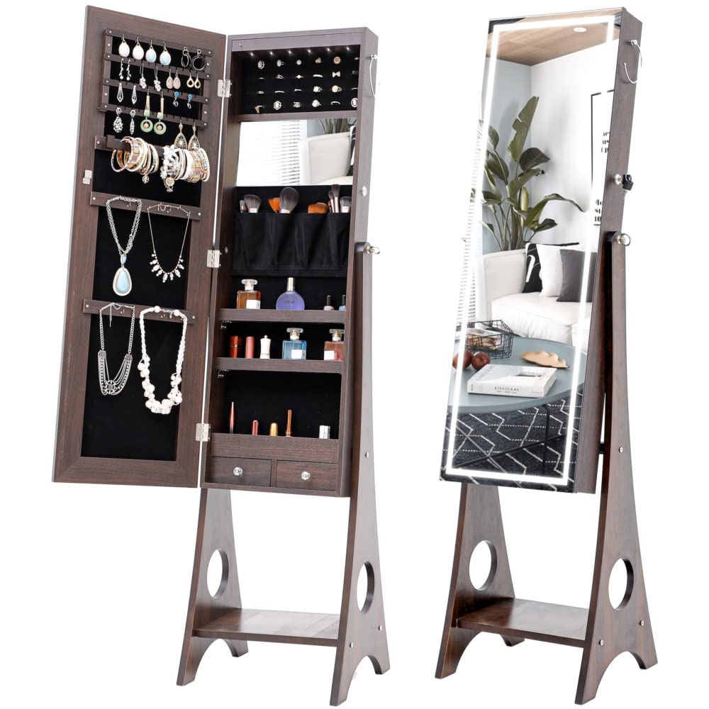 NYCSUOANI Fashion Jewelry Storage Mirror Cabinet with LED Lights - Elegant Vanity Organizer for Necklaces, Rings & Bracelets - Perfect for Bedroom, Living Room & Dressing Room Decor