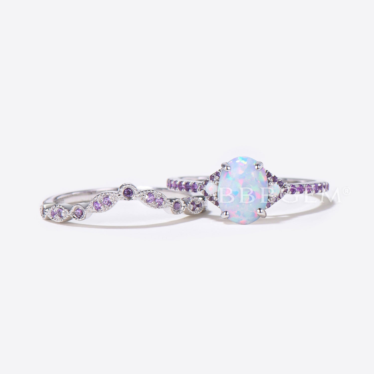 Amethyst Halo Accent Lab Opal Three Stone Engagement Ring Set - Elegant Wedding Jewelry for Proposals, Anniversaries & Special Occasions