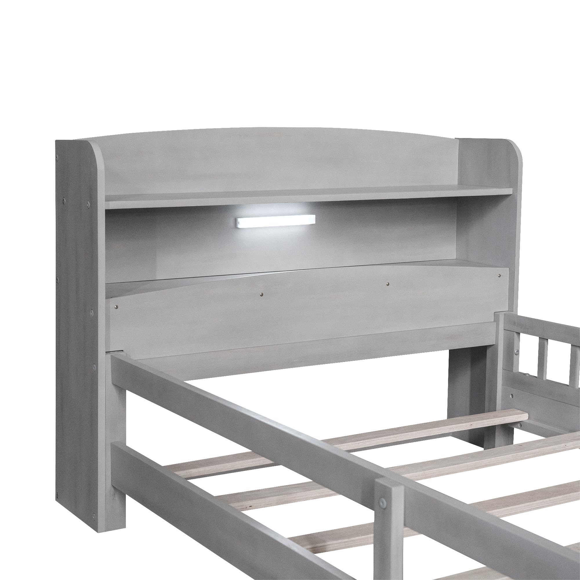 Bellemave Solid Wood Twin Bed Frame for Kids with Headboard, Footboard, Built-in LED Lights & Storage | Sturdy Gray Wooden Bed with Safety Guardrail | Perfect for Bedrooms, Daycare & Sleepovers