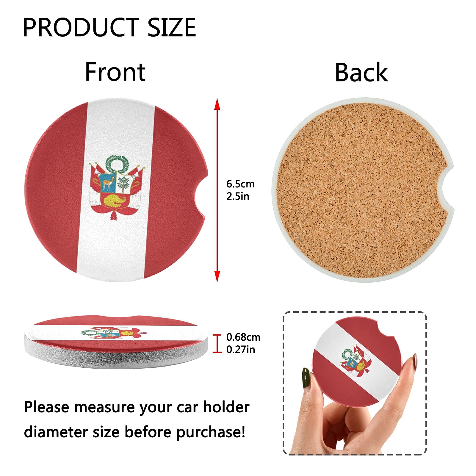 Peru Flag Car Coasters 2 Pack - Absorbent Drink Coasters for Cars - Cute Car Accessories for Women - Perfect for Road Trips, Commuting & Protecting Your Cup Holders