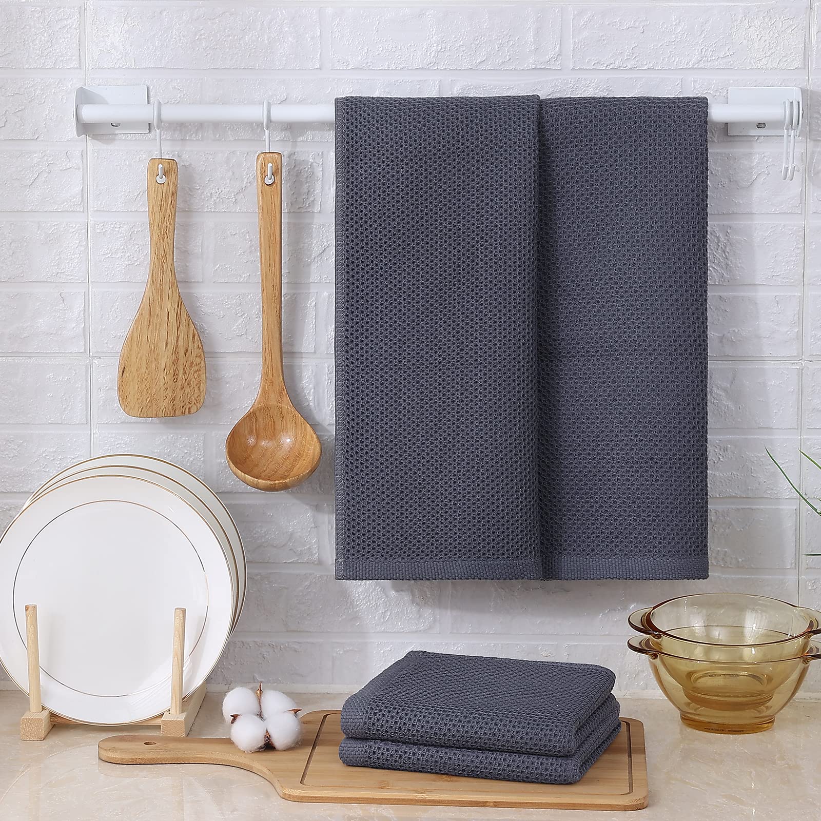 Kitinjoy 4-Pack Cotton Waffle Kitchen Towels - Super Absorbent for Dishes & Hands | Dark Grey