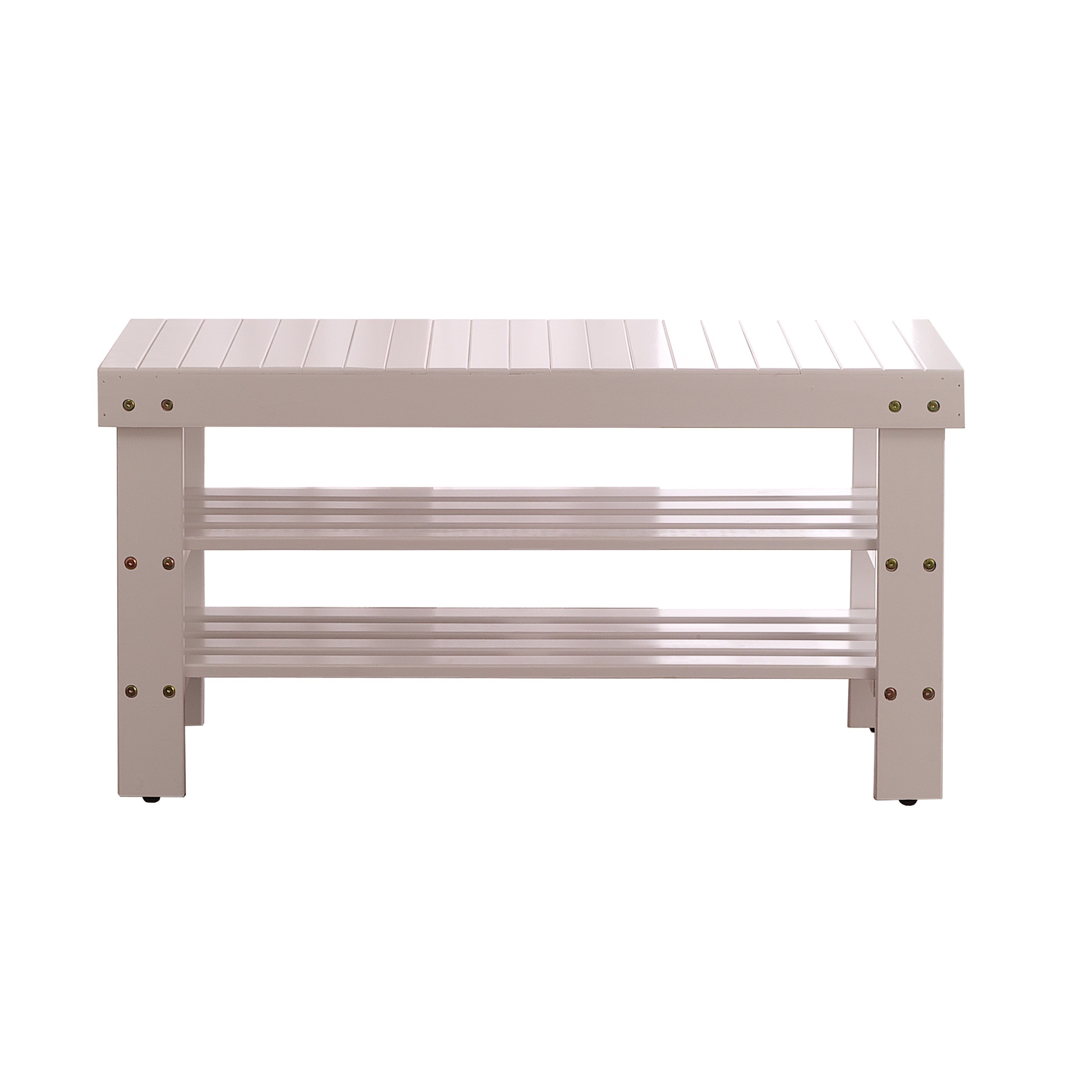 Roundhill Furniture Pina Solid Wood Shoe Bench with Storage - White Finish Entryway Organizer for Home & Office