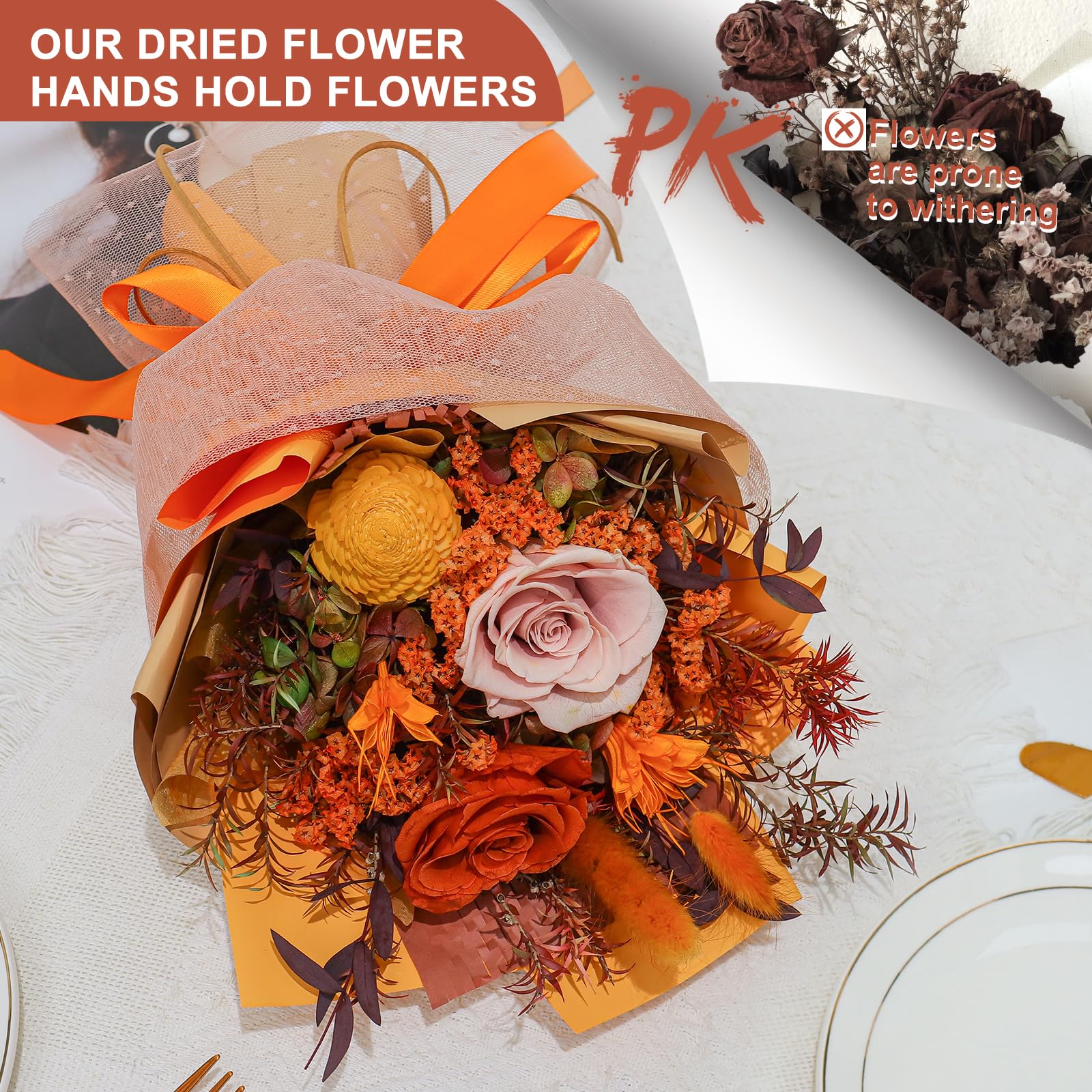 Long Lasting Preserved Orange Rose Bouquet - Eternal Fresh Flowers for Home Décor, Mother’s Day, Anniversary & Birthday Gifts - Perfect for Weddings, Sympathy Arrangements & Thanksgiving Decor