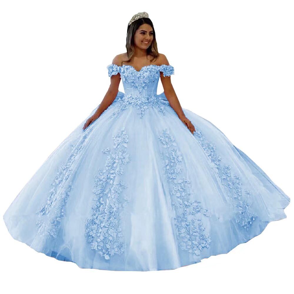 Elegant 3D Floral Lace Applique Quinceanera Dress with Crystal Tulle & Off-Shoulder Sleeves | Ball Gown Puffy Skirt for Sweet 16, Prom, Wedding | 2025 Fashion Trend