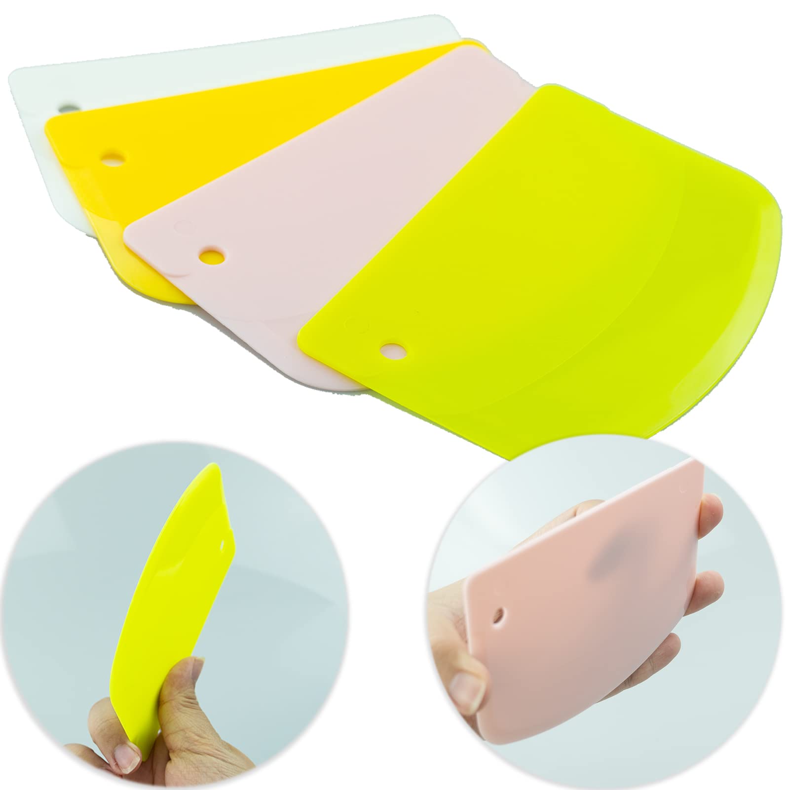 4Pcs 4.7x3.7inch Plastic Dough Scraper Set - Multi-Purpose Kitchen Tool for Baking, Pastry, Cake, Bread & Pizza Dough | Includes Bowl Scraper & Food Cutter (Yellow, Green, Pink, White) | Perfect for Home Bakers & Professional Chefs