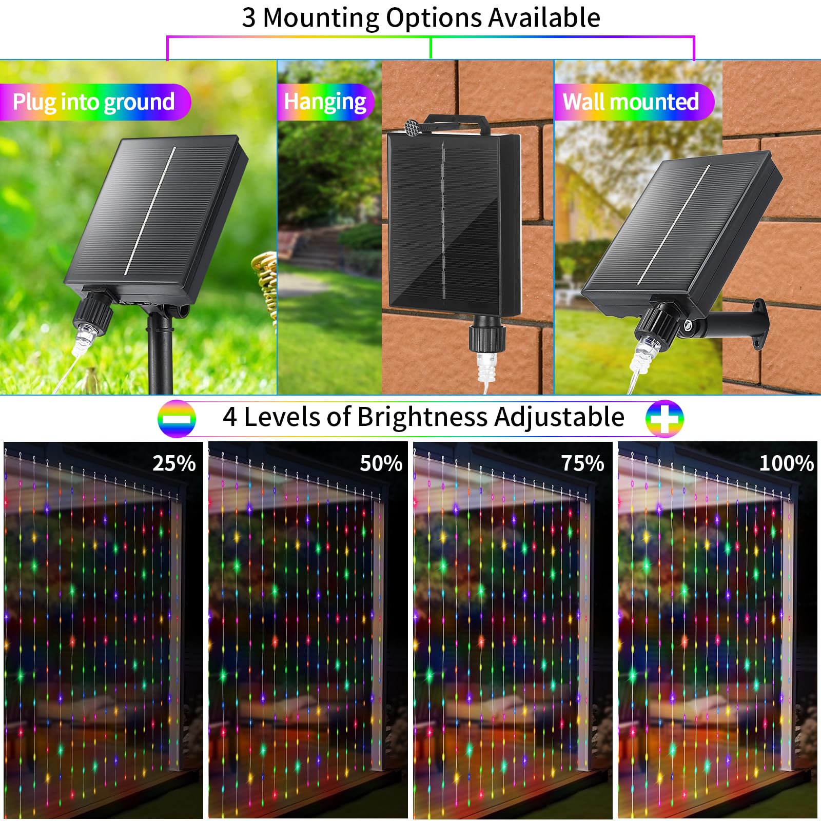 QLIRJAD 300LED Solar Curtain Lights Outdoor Waterproof - USB Rechargeable Fairy String Lights with Remote, 8 Modes, Timer & Dimmable Function for Christmas, Wedding, Gazebo, Window Decor - Perfect for Outdoor Party, Garden, Patio and Backyard Lighting