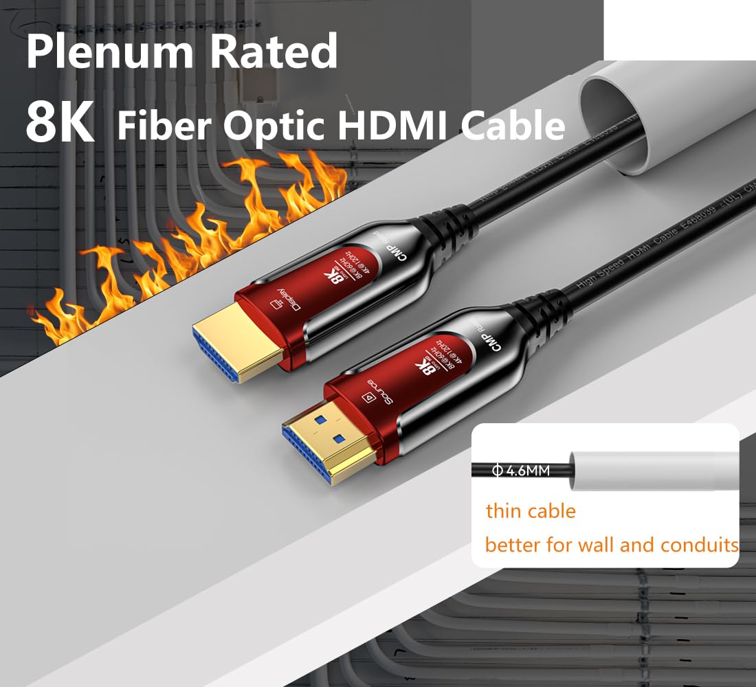50Ft Plenum Rated HDMI Cable (CMP) - 8K 48Gbps Fiber Optic Ultra High Speed HDMI 2.1 Cord - In-Wall Plenum-Rated for Pipes - Male to Male - Perfect for Home Theater, Gaming & Professional AV Installations (50Ft/15M-CMP)