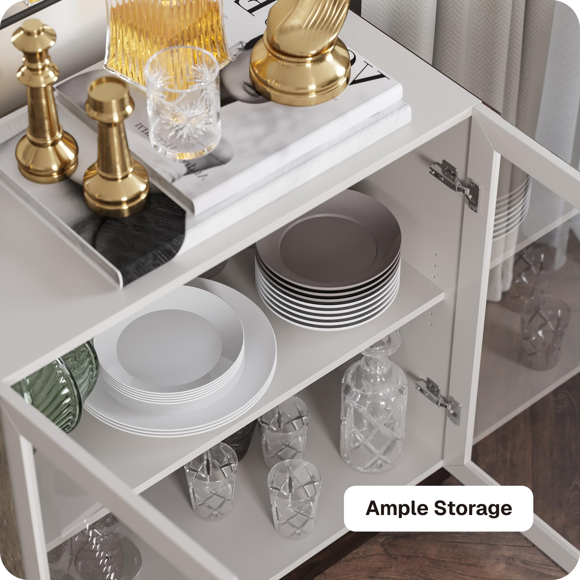 BELLEZE Modern Sideboard Buffet Cabinet with Glass Doors & Storage - White Wood Console Table for Kitchen, Dining Room, Living Room, Hallway or Entryway | Perfect for Home Organization & Stylish Display (Brixston Collection)