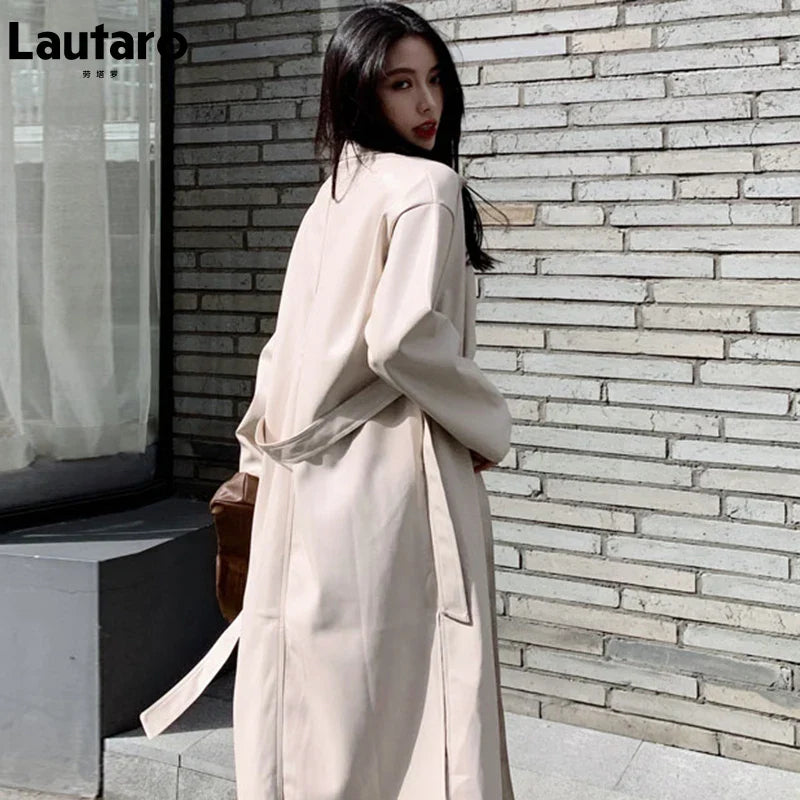 Stylish Women's Autumn Long Black PU Leather Trench Coat with Belt - Single Breasted Loose Fit Korean Fashion Outerwear for Fall 2022 | Perfect for Office, Dating & Casual Outings