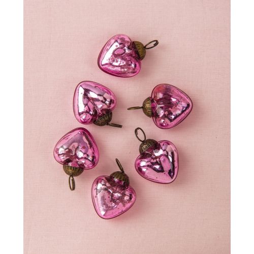 6 Pack Pink Cora Mercury Glass Heart Ornaments - Elegant Christmas Tree Decorations for Holiday Home, Party & Wedding Decor