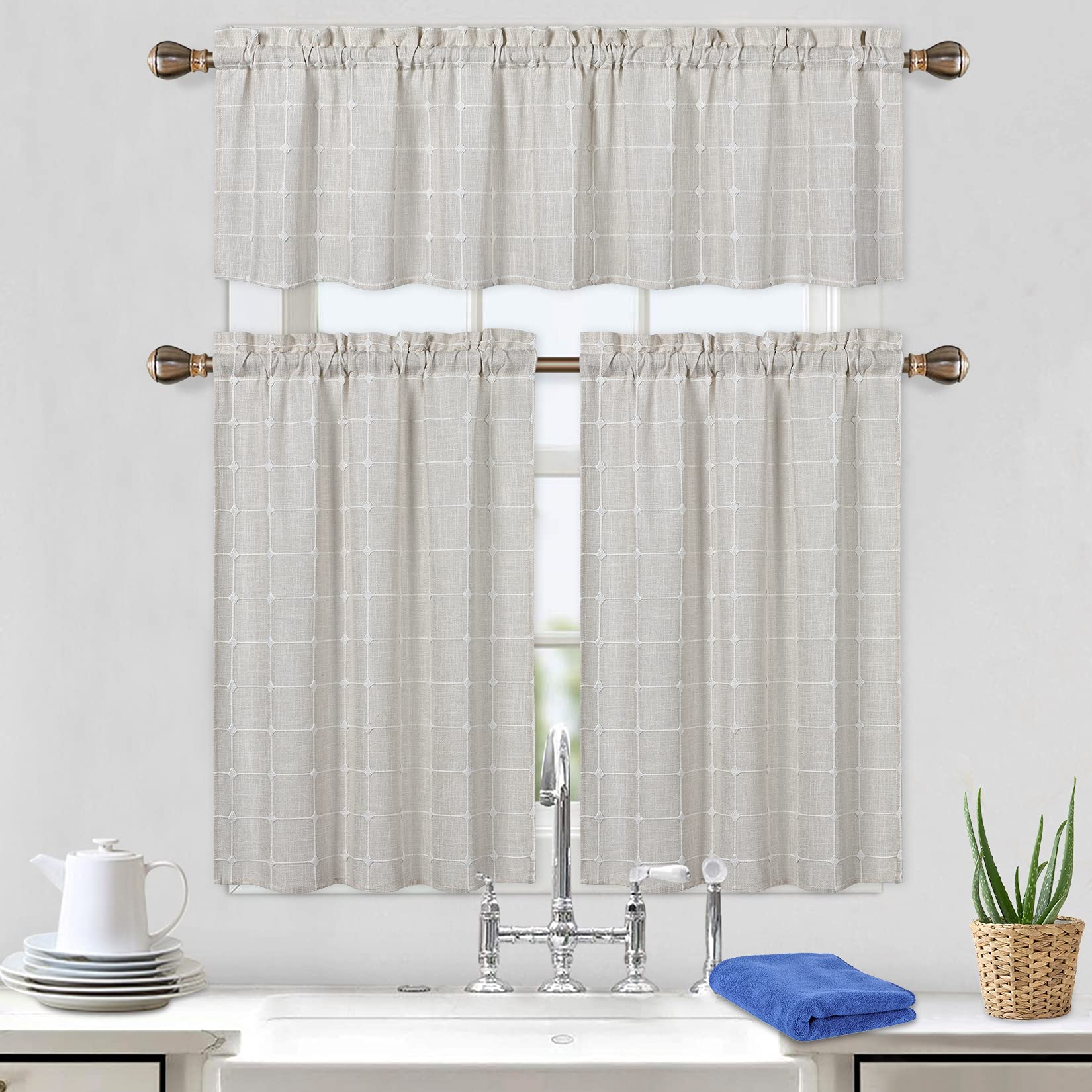 CAROMIO Farmhouse Window Valances - Boho Gingham Linen Curtains for Kitchen, Bedroom & Living Room (52x15 Inches, Beige) - Perfect for Rustic Home Decor & Cozy Interior Design
