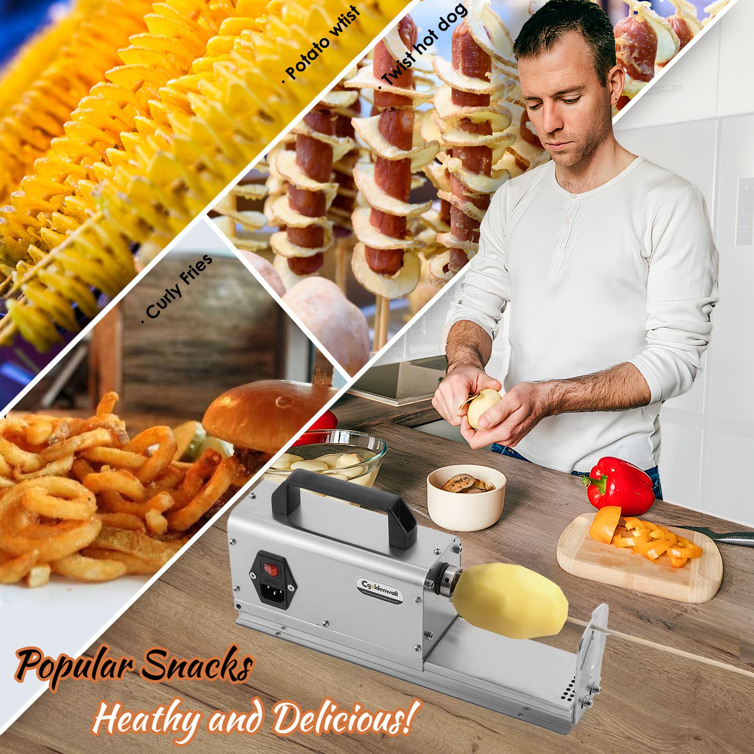 CGOLDENWALL 3-in-1 Electric Tornado Potato Slicer | Spiral Potato Cutter & Twisted Vegetable Slicer | Stainless Steel Vegetable Cutting Machine with Handle (110V) | Perfect for French Fries, Veggie Chips & Party Snacks