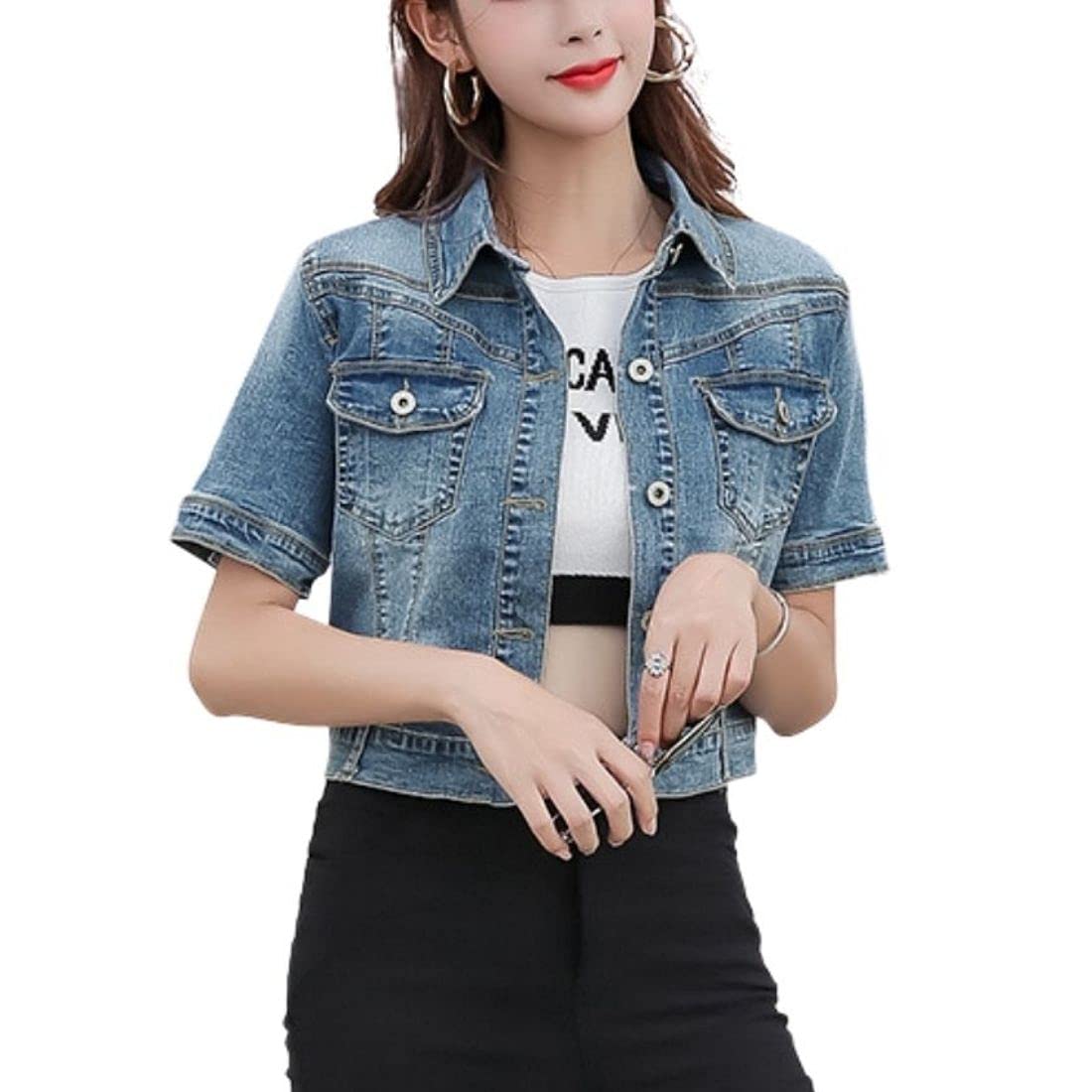 Women's Denim Crop Jacket - Short Sleeve Lapel Collar Button Front Jean Coat | Casual Spring Outfits, Streetwear & Date Night Fashion