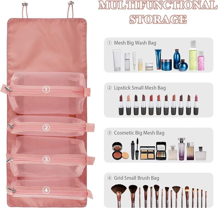 PAVITYAKSH Foldable Travel Toiletry Bag with 4 Compartments - Hanging Cosmetic Organizer for Makeup & Toiletries - Perfect for Camping, Business Trips & Vacation Packing