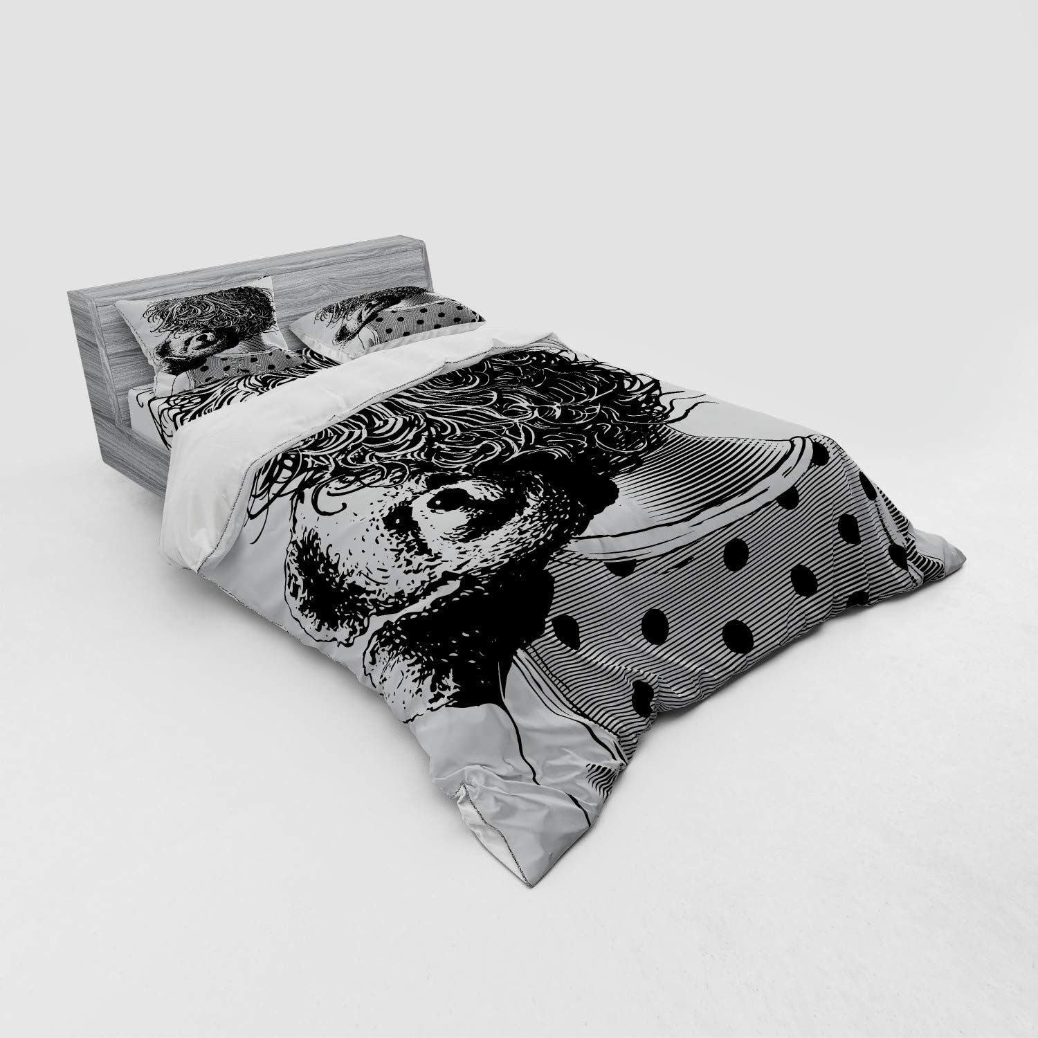 Ambesonne Cartoon Duvet Cover Set - Little Girl Hugging Teddy Bear Sketch Grunge Illustration, 3-Piece Bedding Set with Pillow Sham & Fitted Sheet, Queen Size, Charcoal Grey & White - Perfect for Kids' Bedrooms, Nursery Decor, and Cozy Bedroom Makeovers