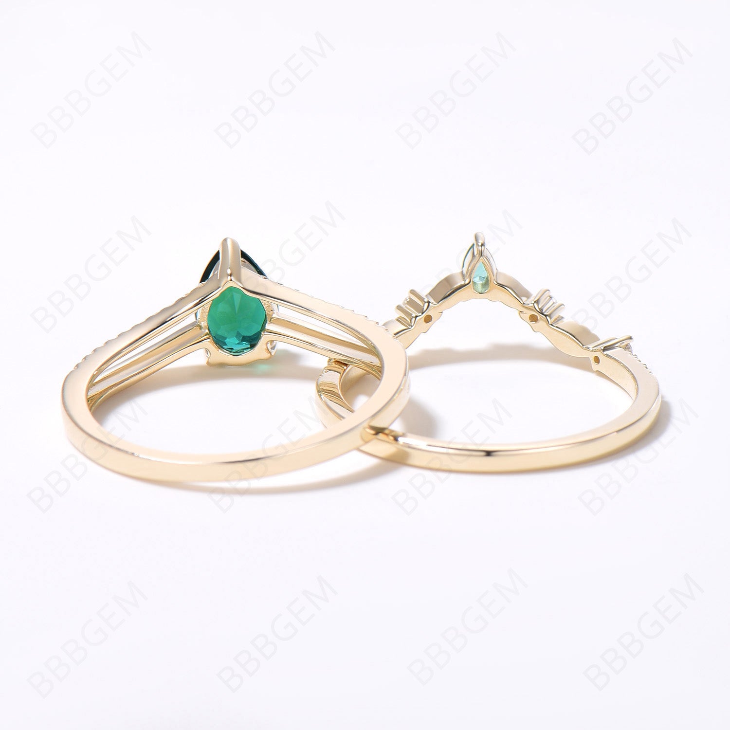 5x7mm Pear Shaped Emerald Bridal Ring Set - 14k Gold May Birthstone Ring with Diamond Accents, Unique Split Shank Branch Leaf Design for Wedding, Proposal Gift - Perfect for Engagement, Anniversary & Special Occasions